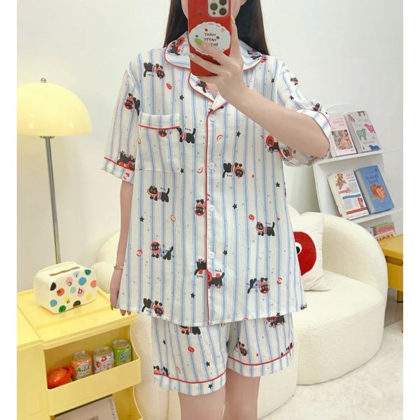 ชุดนอน แขนสั้นขาสั้น ลายสีพาสเทลสุดน่ารัก ????ชุดนอนผ้าไหมญี่ปุ่น ลายการ์ตูนสุดน่ารัก