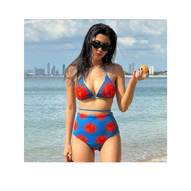 ชุดว่ายน้ําบิกินี่ ทูพีชเอวสูง ผูกคอ โชว์หลัง